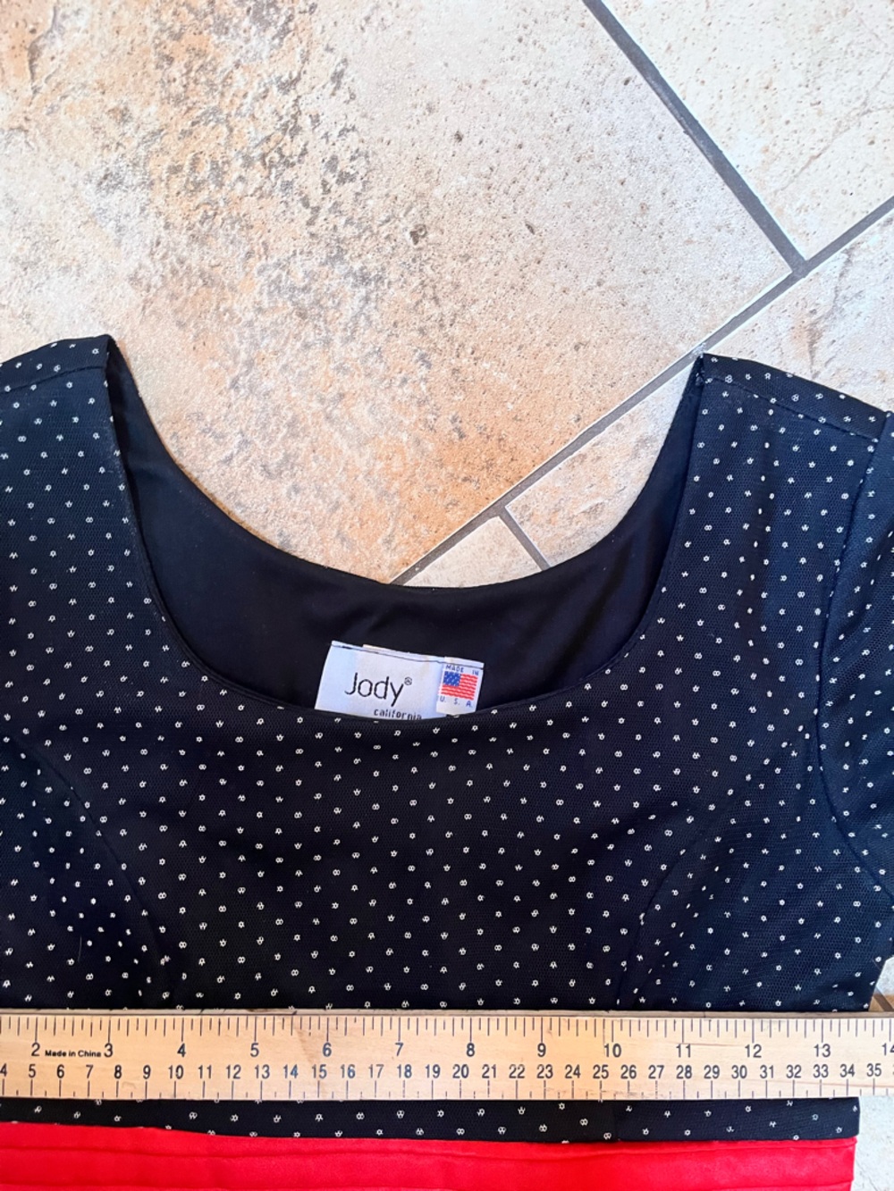 VTG Black Polka Dot Midi Dress with Red Waistband Tafetta - Picture 4 of 7